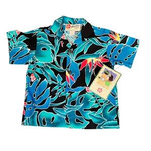 BNWT VTG Hilo Hattie Hawaiian Shirt Blue Green Neon Floral Print Made USA